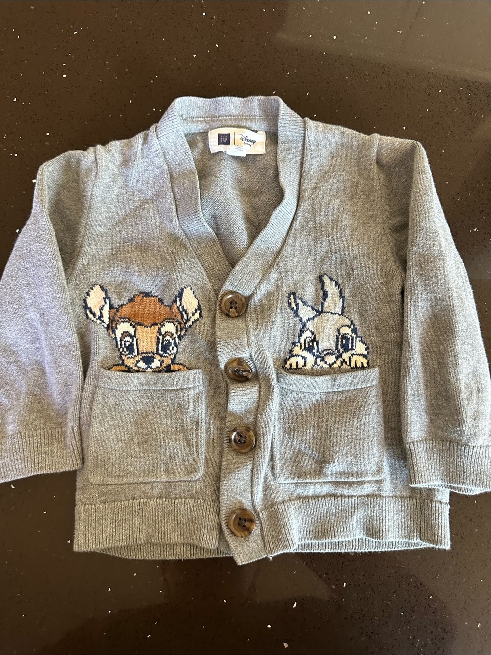 GAP Gray Knit Cardigan with Bambi & Thumper Pockets
